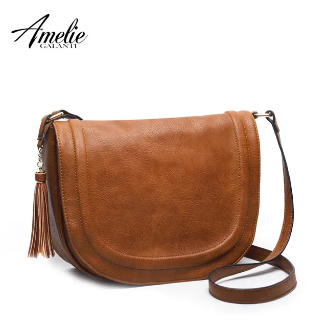 AMELIE GALANTI Large Saddle Bag Crossbody Bags for Women Brown Flap Purses with Tassel Women Shoulder Bags PU Leather Women Bag
