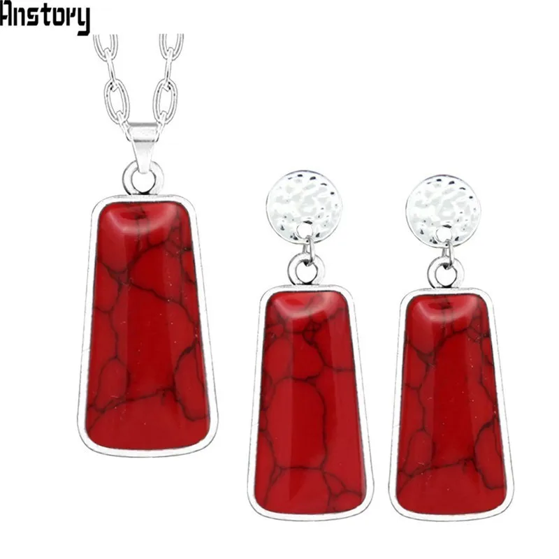 Геометрический красный камень серьги стержня для Для женщин Античная Посеребренная Модные украшения TE497 - Окраска металла: Red Jewelry Sets