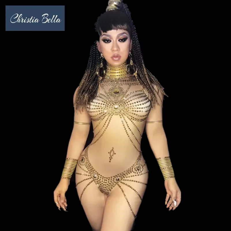 Женский комбинезон с золотыми стразами Christia Bella украшенный кристаллами вечерние костюмы для