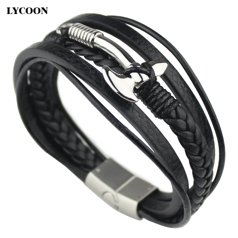

LYCOON fashion bangles magnet buckle with genuine leather braided stainless steel axe plate gold color bangle bracelets for men