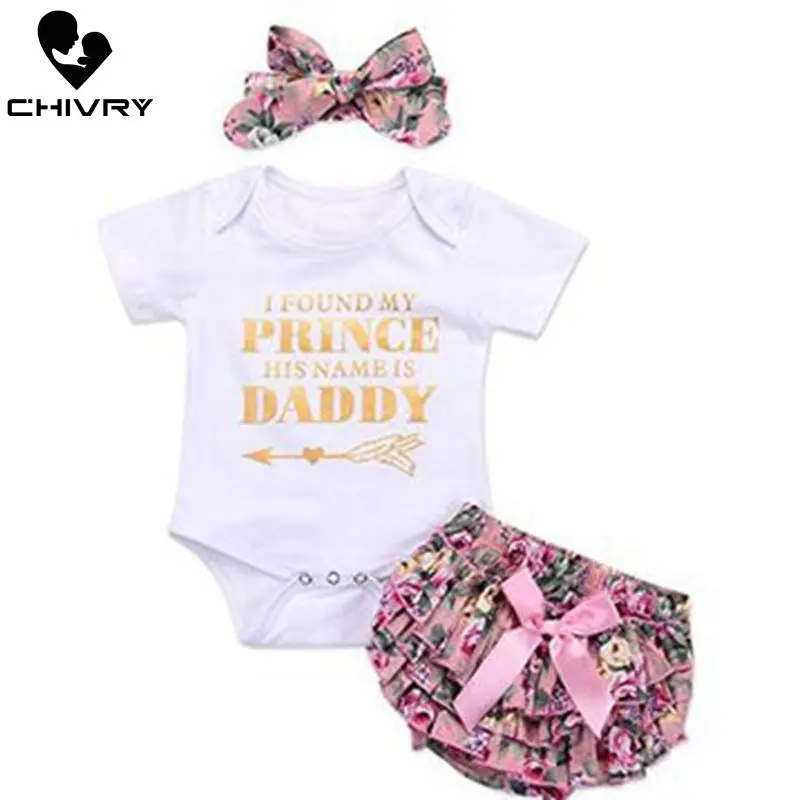 

3Pcs Newborn Baby Girls Short Sleeve Letter Bodysuit Rompers Tops + Floral Shorts + Headband Infant Baby Girl Clothing Sets