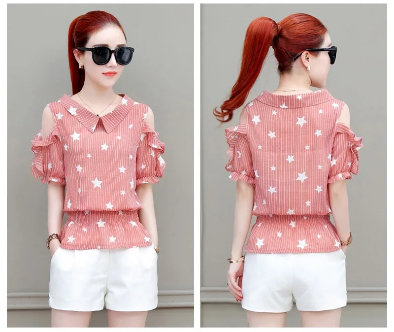 Women Spring Autumn Style Chiffon Blouses Shirts Lady Casual Peter pan Collar Striped Blusas Tops DF1728 Blouses