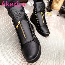 Akexiya Hombres Zapatos de Cuero de Invierno de Alta Superior Del Cráneo de Oro Diseño de la Cremallera Hombres Zapatos de Hip Hop Skeleton Mens Joggers Zapatillas Homme(China (Mainland))