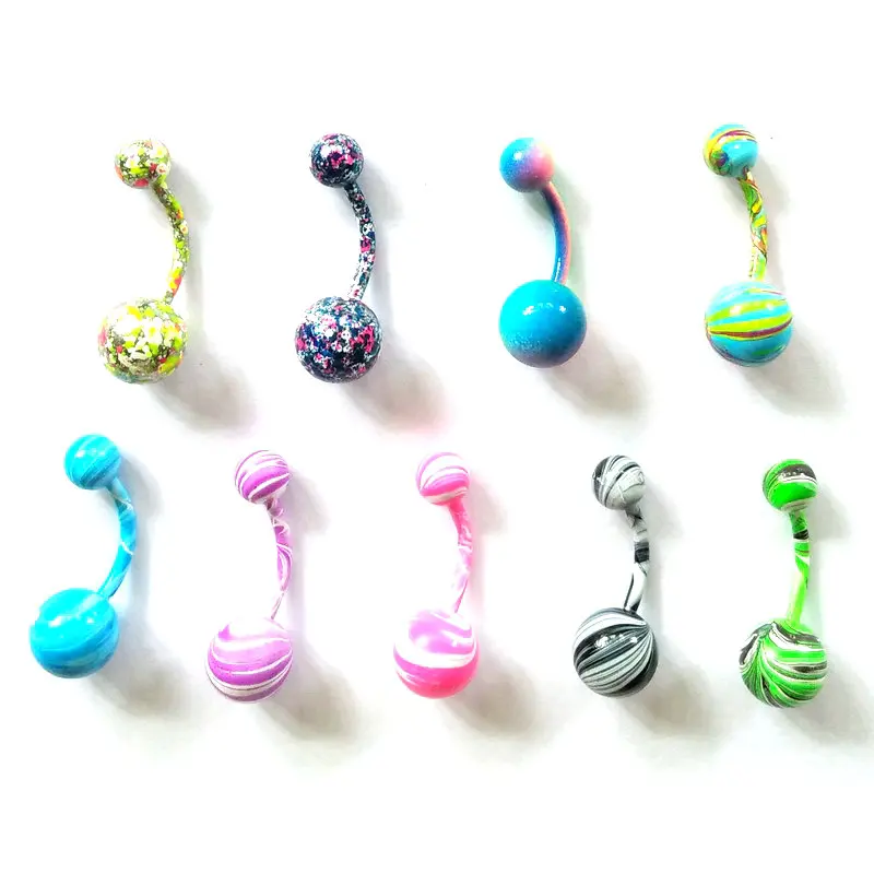 

new style belly button ring mix 100pcs stripe colorful double ball navel bar fashion stainless steel 14G body piercing jewelry