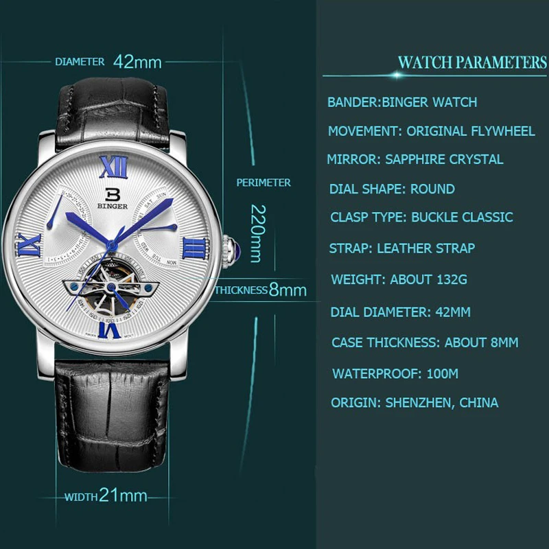 Швейцарские автоматические часы Бингер для мужчин 100 м водонепроницаемые мужские s Tourbillon механические часы Лидирующий бренд Роскошные наручные часы