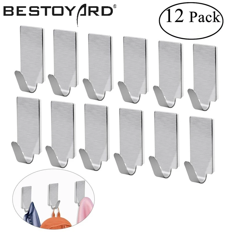 

NUOLUX 12pcs Home Hook Adhesive Stainless Steel Towel Hooks Family Robe Hanging Hooks Hats Bag Key Adhesive Wall Hanger A45