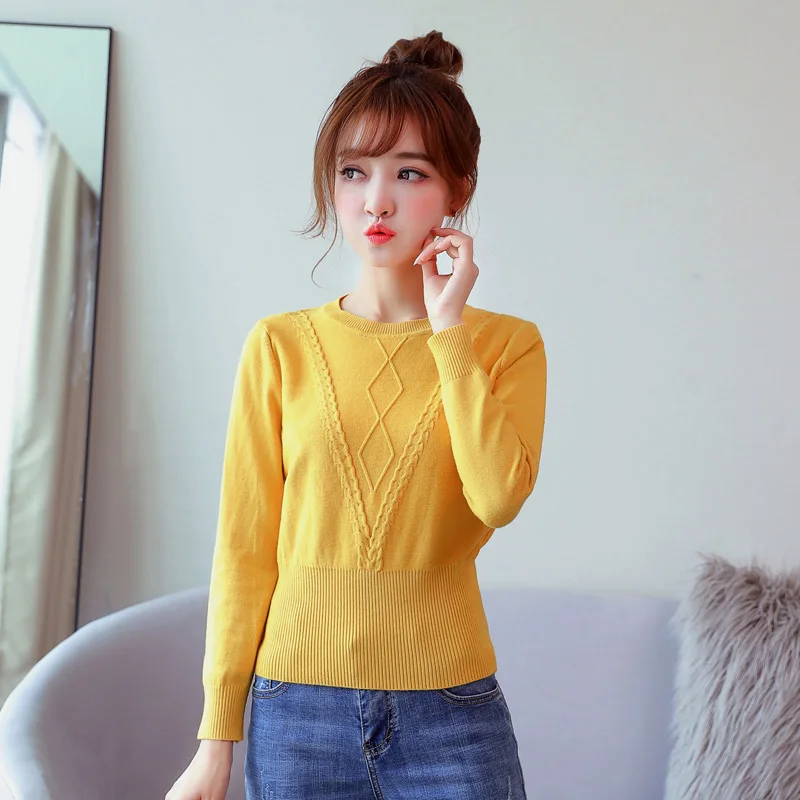 Модный тонкий женский свитер с высокой талией, зимний трикотажный пуловер с круглым вырезом, эластичный женский свитер с небольшой талией, студенческий свитер - Цвет: Цвет: желтый