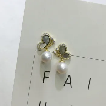 

HRina Crystal Butterfly Earring S925 Sterling Silver Gold Plated Real Nautral Round White Freshwater Pearl Drop Earrings Jewerly