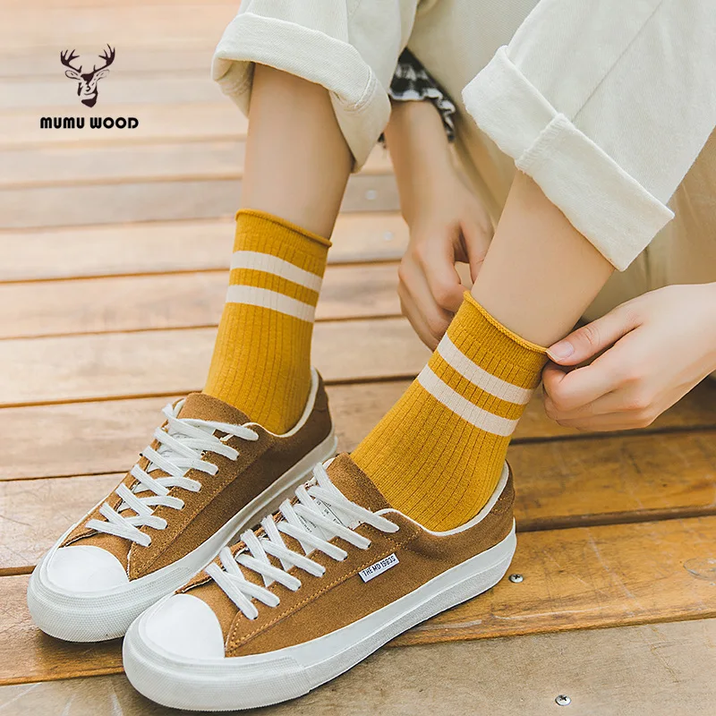Модные полосатые хлопковые женские носки с двумя полосками, мягкие, приятные для кожи носки,, весна, осень, зима, ворсовые носки, высокое качество