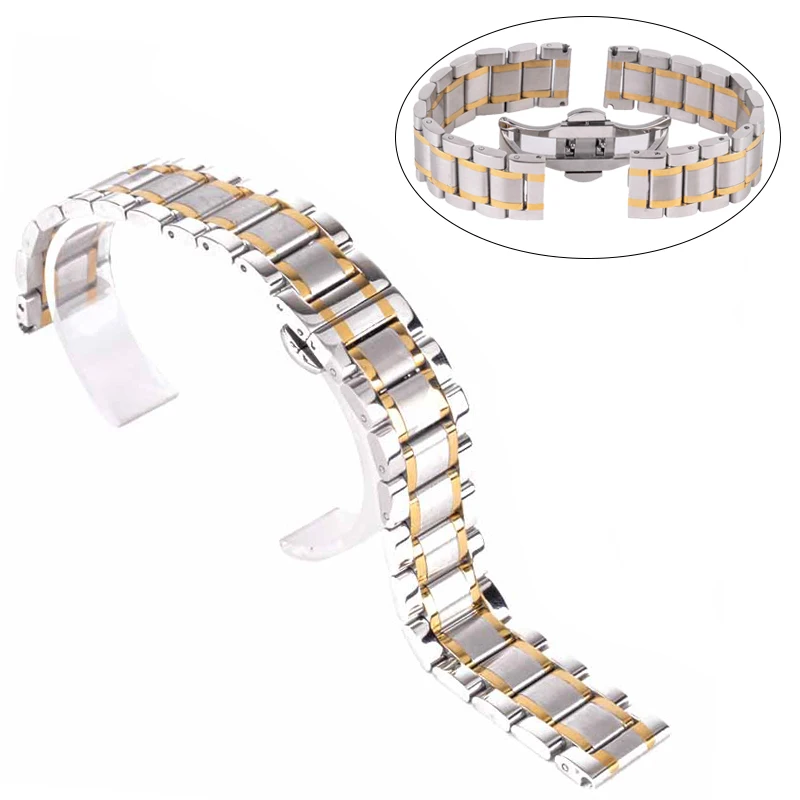 Shellhard New High Quality Silver Black Rose Gold Watchband Stainless Steel Butterfly Clasp Buckle Straight End Watch Band Strap
