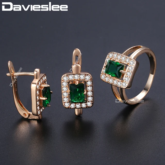 Davieslee Square Green Stone Stud Earring Ring For Women 585 Rose Gold Filled Pa Davieslee Square Green Stone Stud Earring Ring For Women 585 Rose Gold Filled Pa