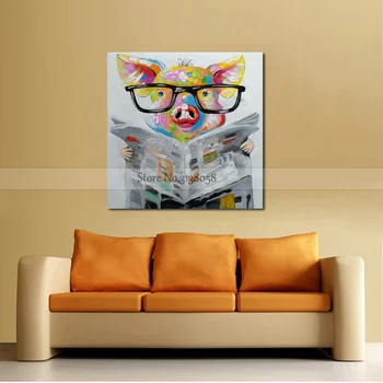 

Hand Painted Modern Abstract Cartoon Animal Oil Painting On Canvas Pig Wearing Glasses Wall Art For Living Room Home Decor