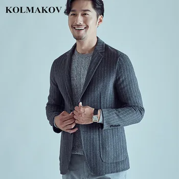 

KOLMAKOV Men's Clothing 2018 New Mens Fashion Short 80% Woolen Coats Double-faced Outwear Business Casual Striped Jackets M-3XL
