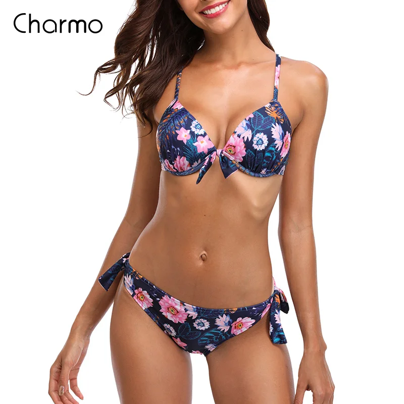 Charmo для женщин низкая талия цветочный принт комплект бикини завязывается спереди купальник Бандаж купальники на бретельках пляжная одежда брюки цветок пуш-ап - Цвет: BLA