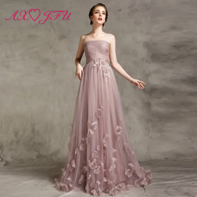

AXJFU luxury pink strapless sleeveless princess evening dress illusion lace flower sheer beach vintage evening dress YSGZ230