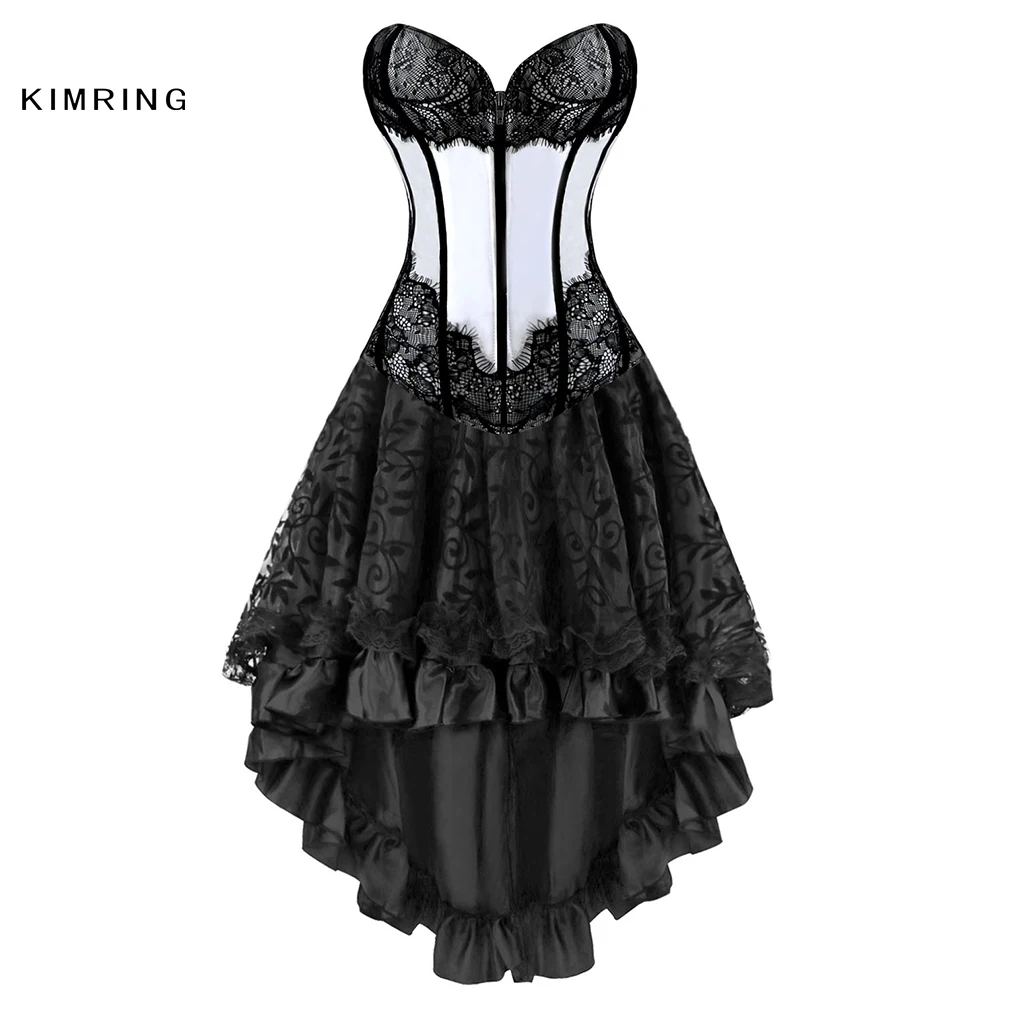 Kimring Vintage Gothic Corset Dress Lace Brocade Overbust Corset Dress