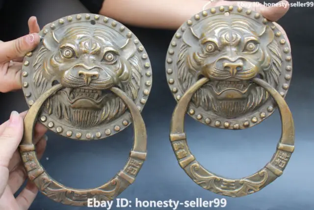 

8" Chinese Fengshui BRAAS Lion Leo Head Knocker Door Knocker Pair Statue Healing Medicine Decoration 100% Brass BRAAS