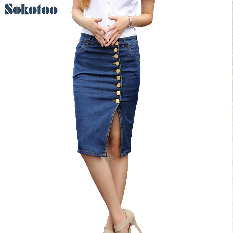

Sokotoo Women's plus large size knee length package hip skirt Lady's buttons pencil denim slit skirt Female Free shipping