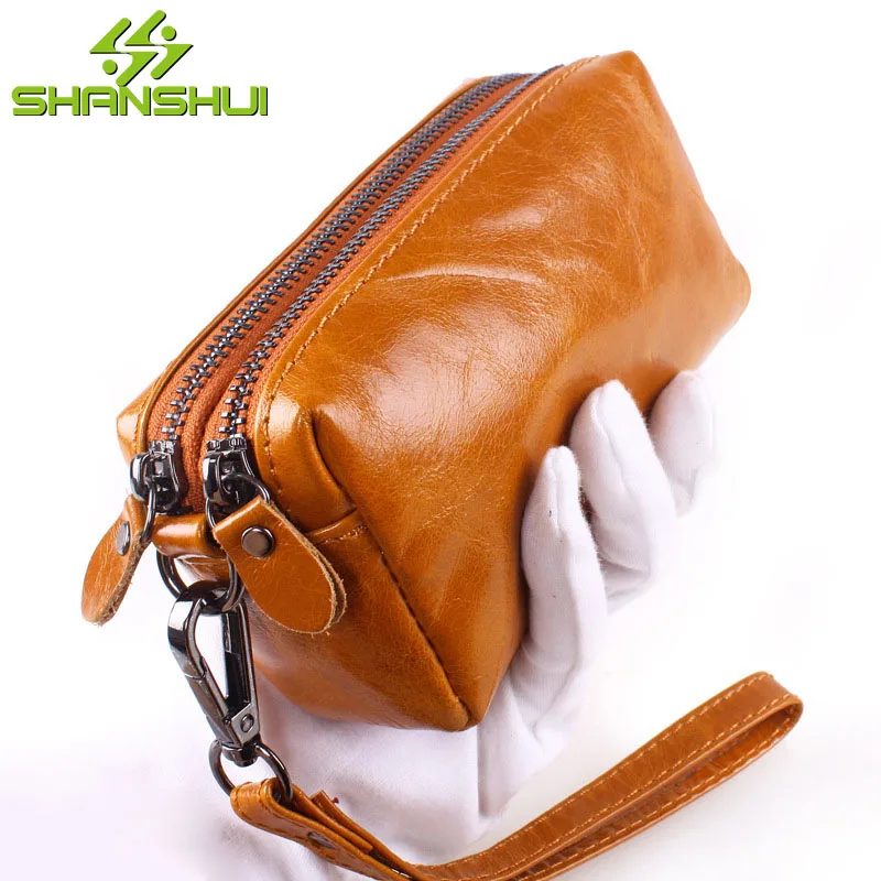 

Genuine Leather Women Small Wallet Double Zippers Oil Wax Leather Coin Purse Credit Card Holder With Wrist Strap Handbag Purse