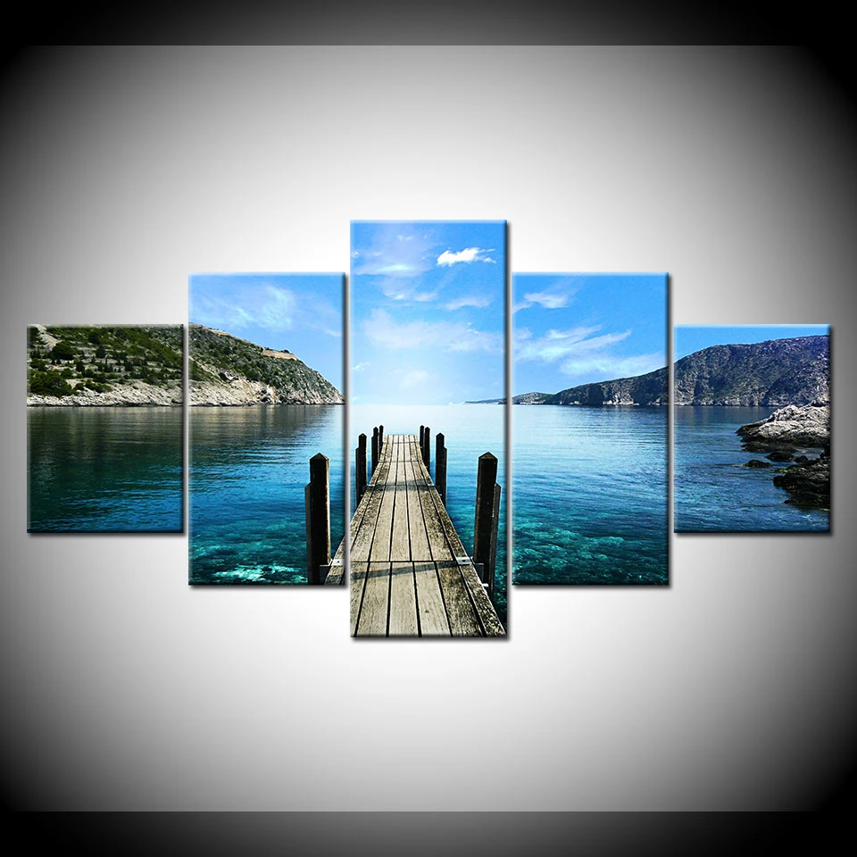 Canvas-Painting-the-Seascape-wood-bridge-lake-blue-sky-5-Pieces-Wall-Art-Painting-Modular-Wallpapers (2)