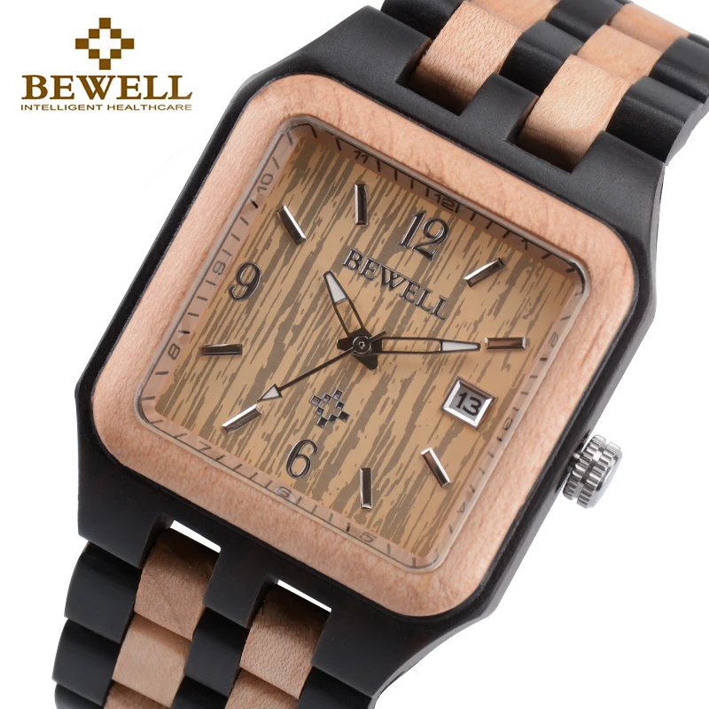 

BEWELL 111A Black Rectangle Quartz Wood Watch for Men Wooden Square Dial Auto Date Box Watch Men Luxury Brand Relogio Masculino