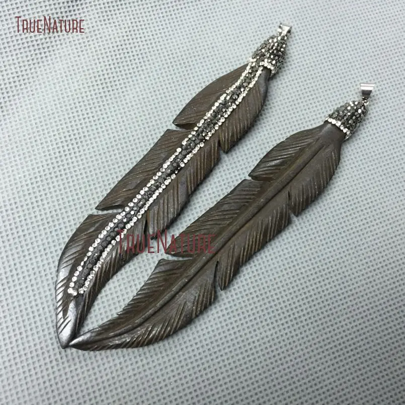 Black Ox Bone Feather Pendant Gunmetal Rhinestone Pave PM3084 | Украшения и аксессуары