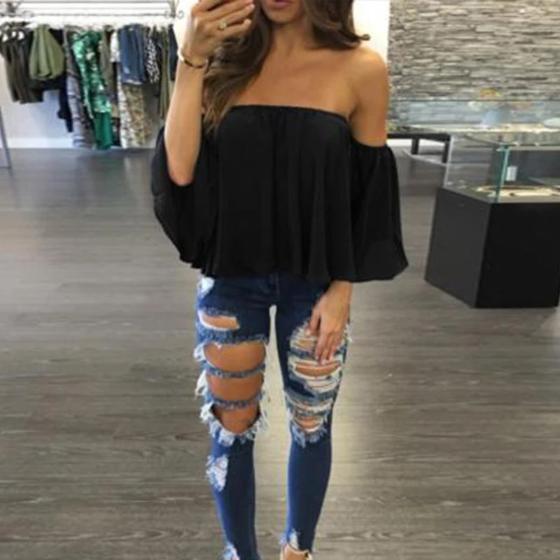 

Fashion Women Blouse Off Shoulder Top Long Sleeve Pullover Casual Blouses Summer Shirts 2017 fashion new style