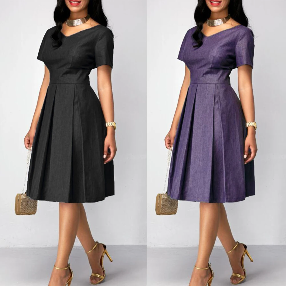 Dress For WOMEN Party Plus Size Women Solid Color V Neck Short Sleeve Slim High Waist Midi Dress