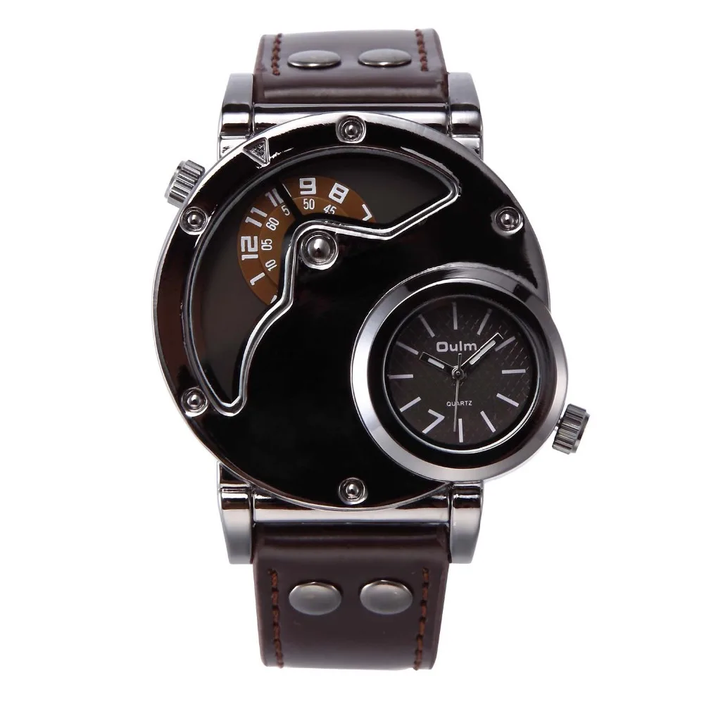 Лидирующий бренд, Роскошные мужские часы OULM, нержавеющая сталь, большой циферблат, двойное время, кожа, кварцевые часы, мужские часы, Relogio Masculino