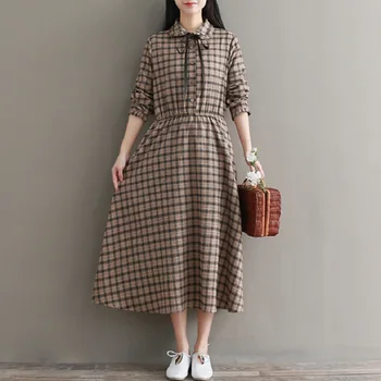 

2019 Spring Autumn Women Dress Peter Pan Collar Plaid Femininos Vestidos Vintage Cotton Long Sleeve A-Line Dress