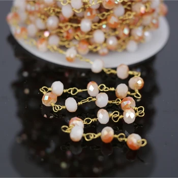 

5Meter,Orange White Glass Crystal Faceted Rondelle Chain with Brass Wire Wrapped Rosary Chains Beaded,Women Sweet Sweater Chains