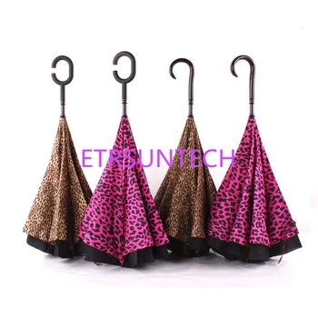 

12pcs Leopard Style Inverted Umbrella Sunshade Rain Umbrella C-shape J-shape Handle Waterproof Double Layer Reverse Car Umbrella