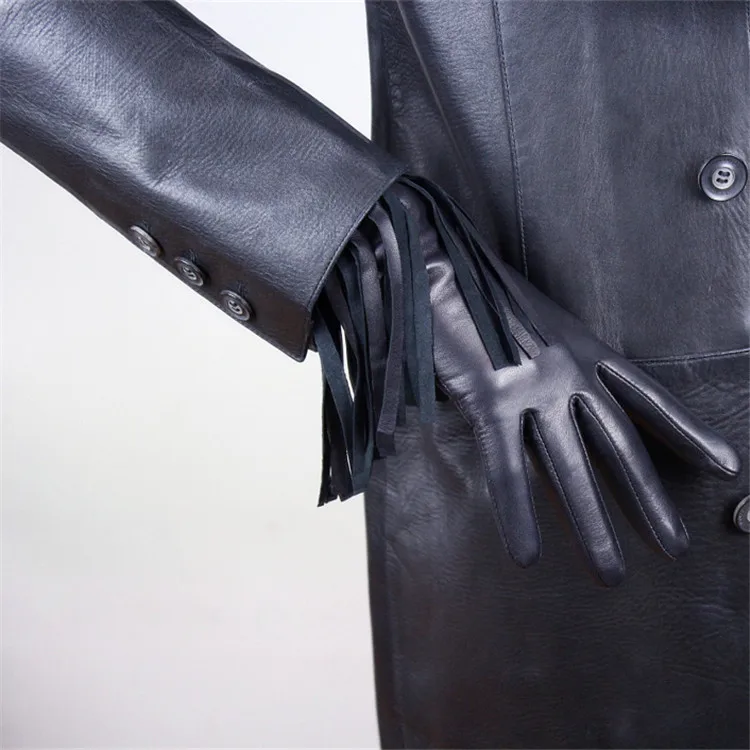 Сенсорный экран перчатки натуральная кожа чистая импортная козья кожа черные женские бахрома ковбойские панк-рок женские перчатки TB98