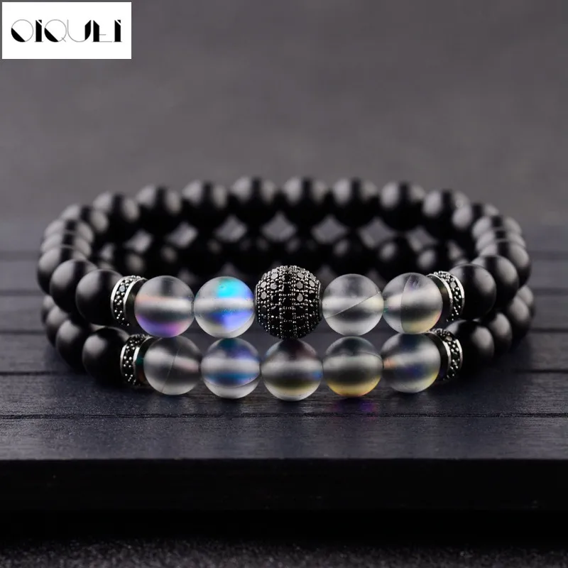 

OIQUEI Black Crystal Natural Stone Bracelets For Women Men Micro Pave Disco Balls CZ Copper Beads Charm Bracelet Lovers Jewelry