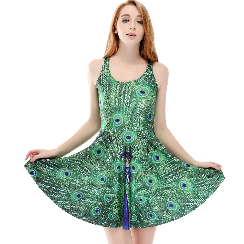

Color Styles 3 Patterns Women's Green Peacock Sexy Dress Digital Print Sleeveless Above Knee Vest Beach DRESS Vestidos S To 4xl