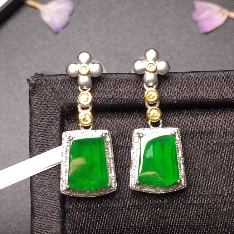 

502 Fine Jewelry Pure Real 18 K White Gold AU750 100% Natural Green Jade Amulet Gemstone Myanmer Origin Drop Earrings for Women