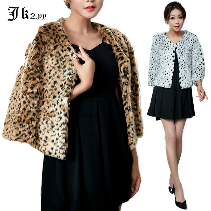 

M-XXXL Women Wild Leopard Print Fur Jacket Autumn Winter Three Quarter Short Overcoat Plus Size Fashion Tops 9524