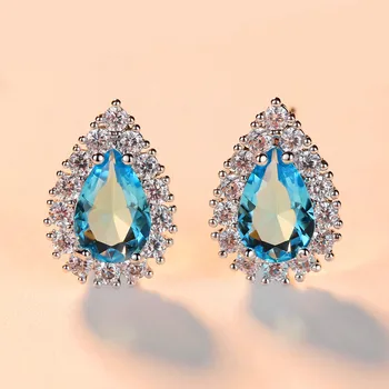 

Luxury Female Sky Blue Stone Stud Earrings Fashion Silver Color Wedding Jewelry Double Crystal Zircon Tear Earrings For Women