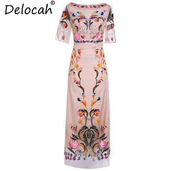 

Delocah Women Spring Summer Vintage Dress Runway Fashion Short Sleeve Mesh Overlay Animal Embroidery Elegant Party Long Dresses