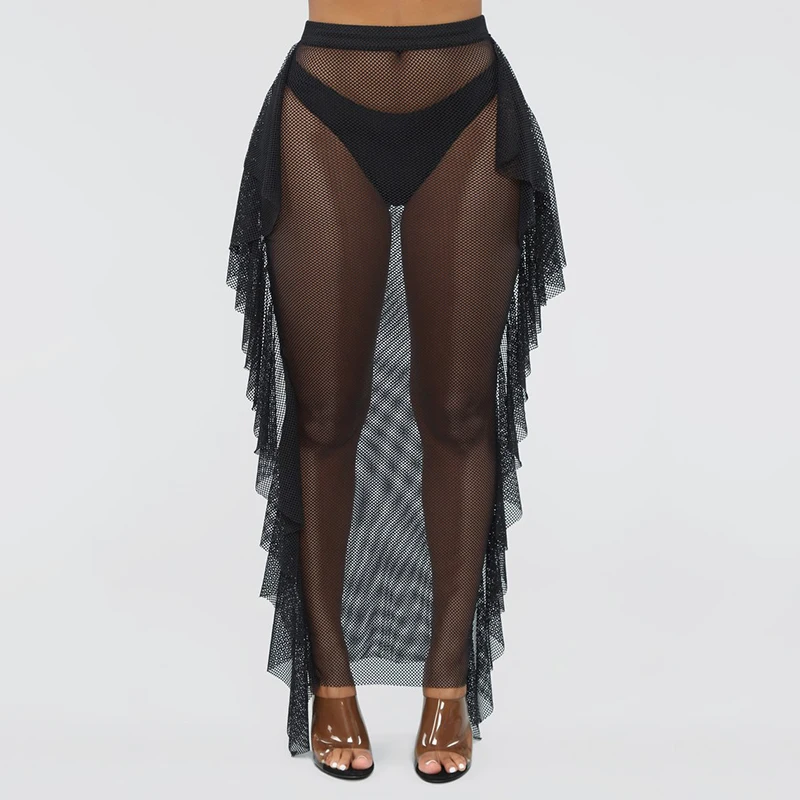 InstaHot Fish Net Pencil Maxi Skirts Sexy Women Mesh See Trough Ankle Length High Waist Lace Tassel Long Party Black Skirt