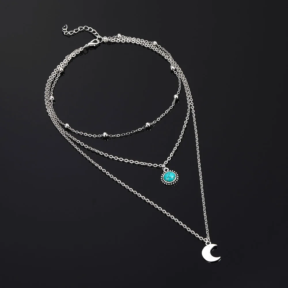 Vienkim, богемное серебряное ожерелье с цепочкой, Мун, многослойный чокер с бусинами, ожерелье для женщин, каменное колье, женская мода, ювелирное изделие, подарок