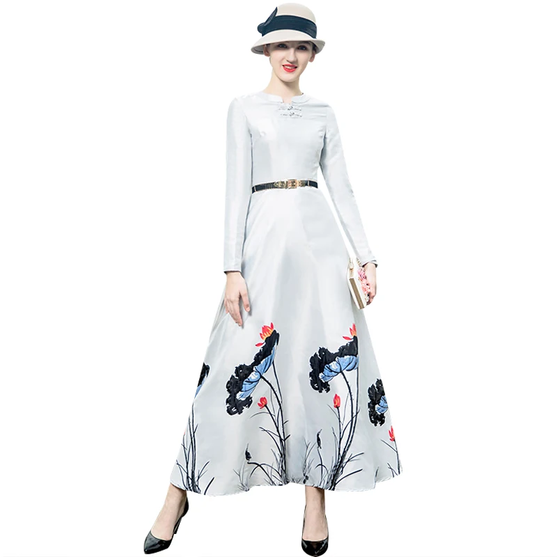 

Mandarin Collar Dress Women Embroidery Vintage Evening Party Long Dresses Spring Ladies Maxi Gown Long Dress 9093
