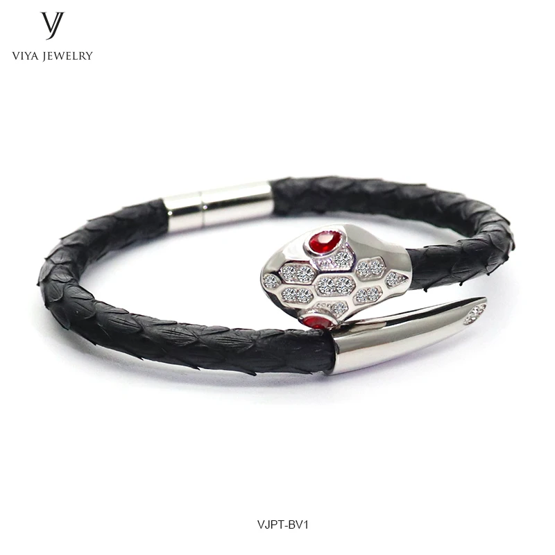 

Genuine Black Python Leather Snake Head Men Bracelet Python Leather Bracelet Jewelry For Men Luxury Men Gift For Husband Lovers