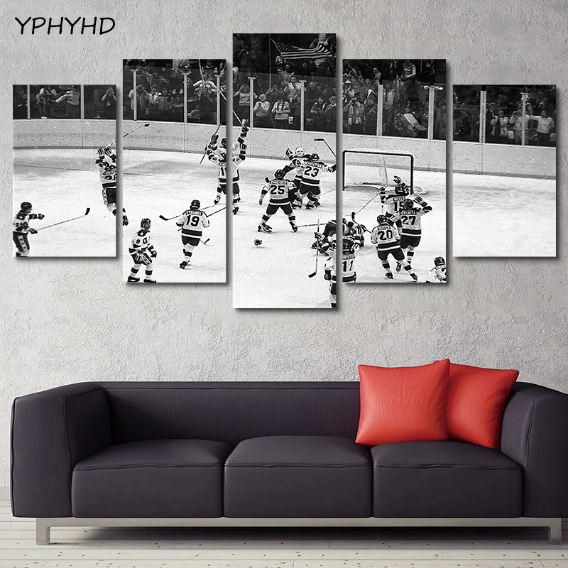 

YPHYHD Ice Hockey Game Framed 5 Panel Modern Home Decor Canvas Print Painting Wall Art Picture For Living Room Modular Picture