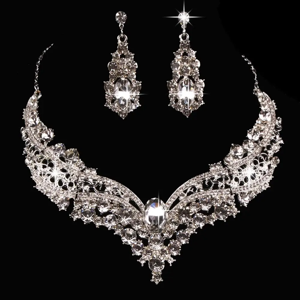 

Wedding Bridal Queen Style Fully Shiny Rhinestone Necklace Earrings Jewelry Set attractive