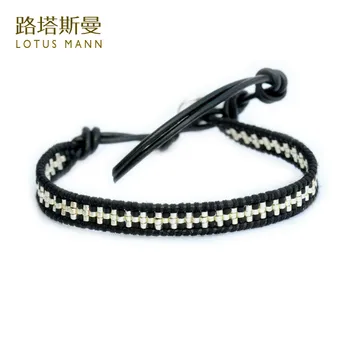 

Lotus Mann Simple lap black leather cord double color cross color matching m bead bracelet hand-woven