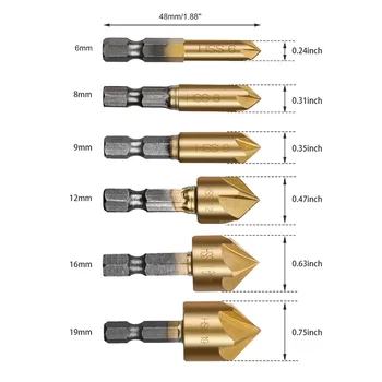 

6 Pcs Wood Countersink Drill Bit Set 1/4'' Hex Shank HSS 5 Flute Countersink 90 Degree Chamfering Cutter Chamfer 6mm-19mm
