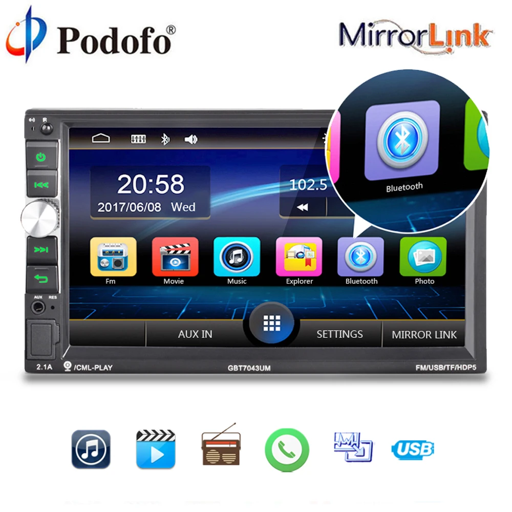 

Podofo 2 Din Car Multimedia Player Audio Stereo 2DIN Car Radio 7" Touch Screen auto Radio MP5 Player Bluetooth TF USB FM camera