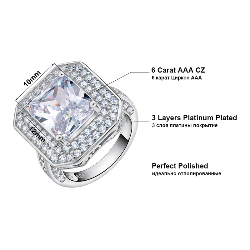 ORSA JEWELS Women's Ring 6 Carat AAA Cubic Zirconia Cushion Cut Wedding Ring Silver Color Engagement Rings For Women AOR103