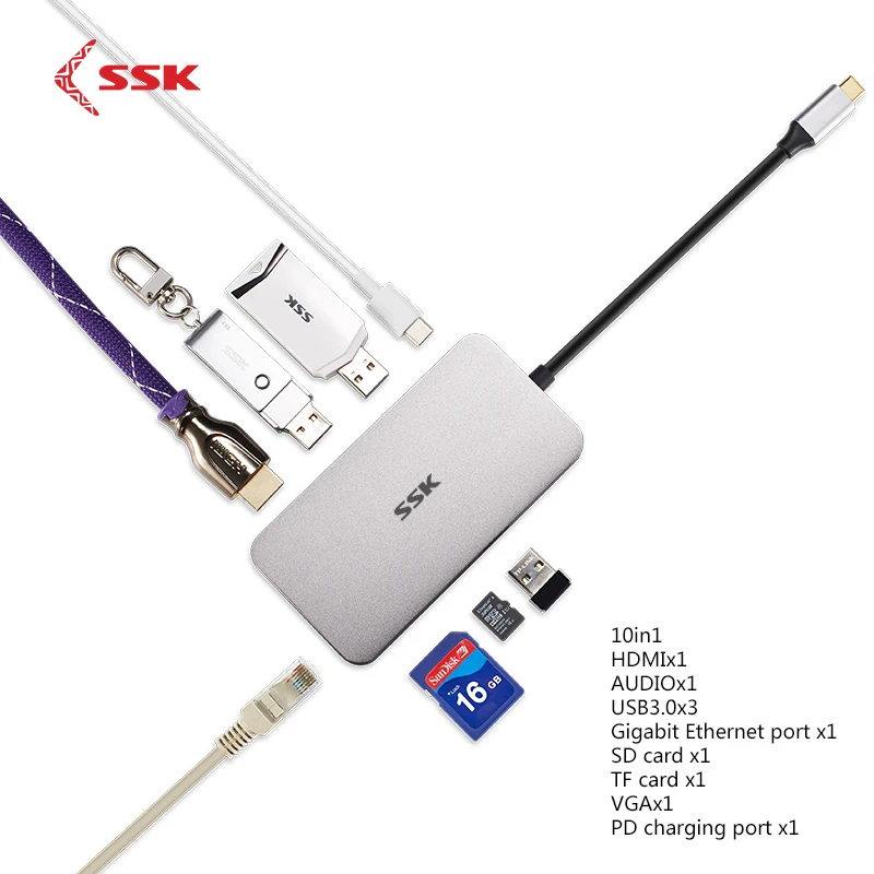 SSK type C концентратор USB к 3 0/HDMI 4K/VGA 1080P/SD/TF/ Gigabit RJ45/аудио SD/TF карта USB3.1 GEN1 для планшета